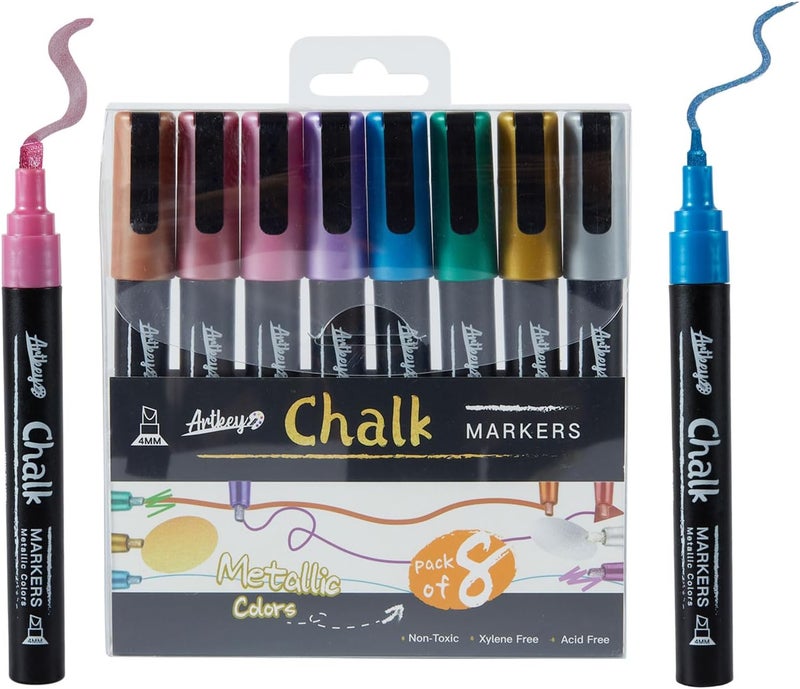 Artkey Metallic Chalk Markers Set - 8 Pack with Reversible Tips (Chisel & Bullet) for Chalkboards, Windows, Glass & More - Vibrant Colors for Art & Craft Projects - Image 1